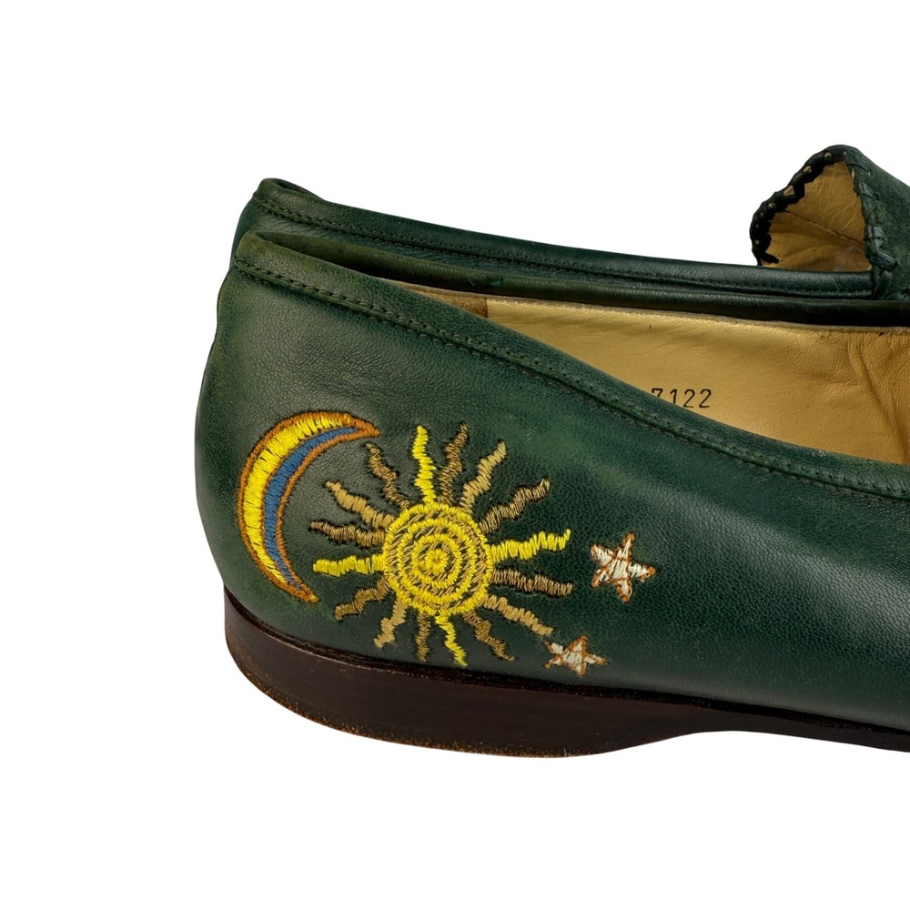 Susan Bennis Warren Edwards Leather Loafers Green Sun Moon Embroidery Italian - Picture 5 of 13